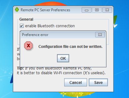 Preference error: Configuration file can not be written.